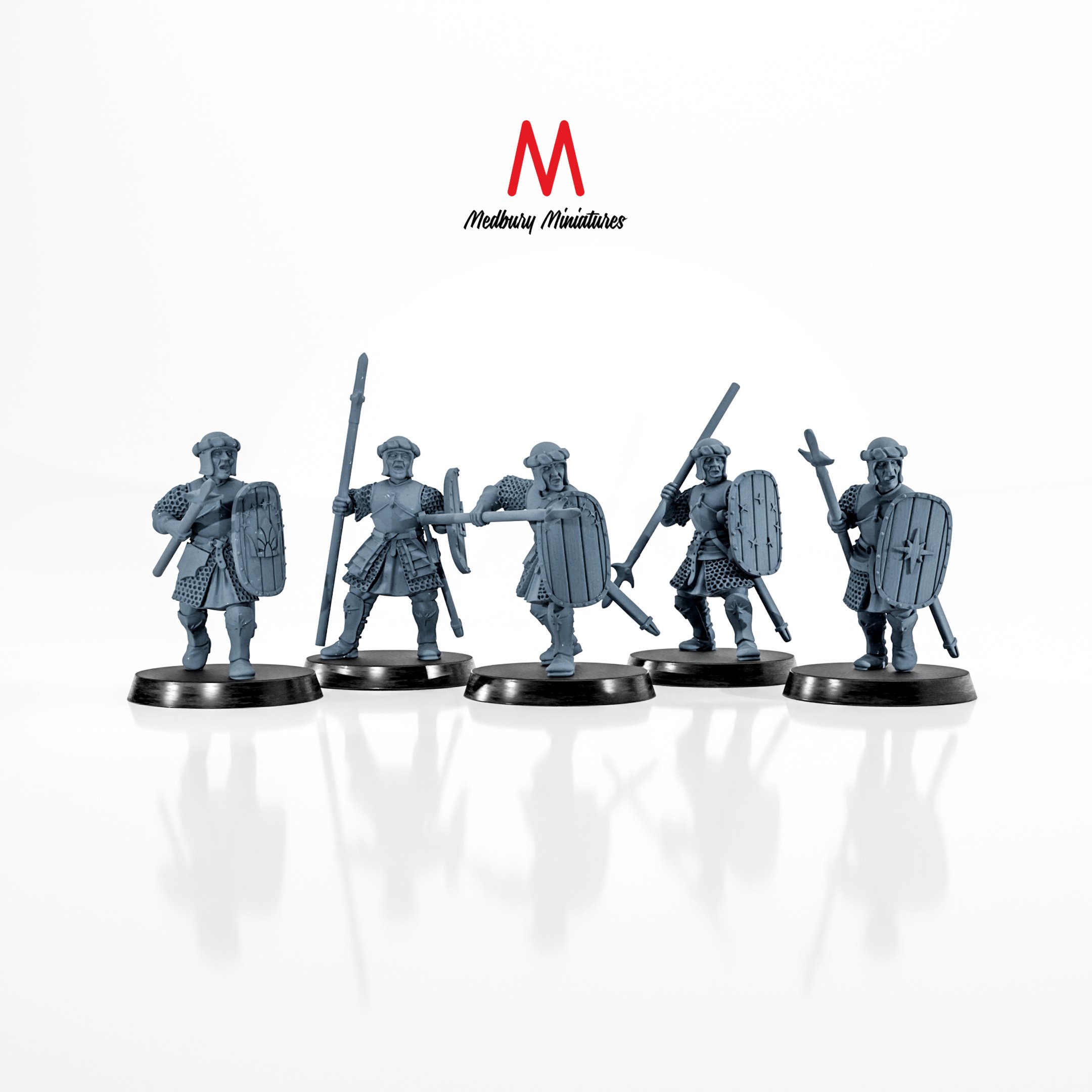 Arnaudin Posable Spearmen wargaming miniatures designed by Medbury Miniatures, 3D printed by Forgemaster Miniatures for fantasy skirmish games