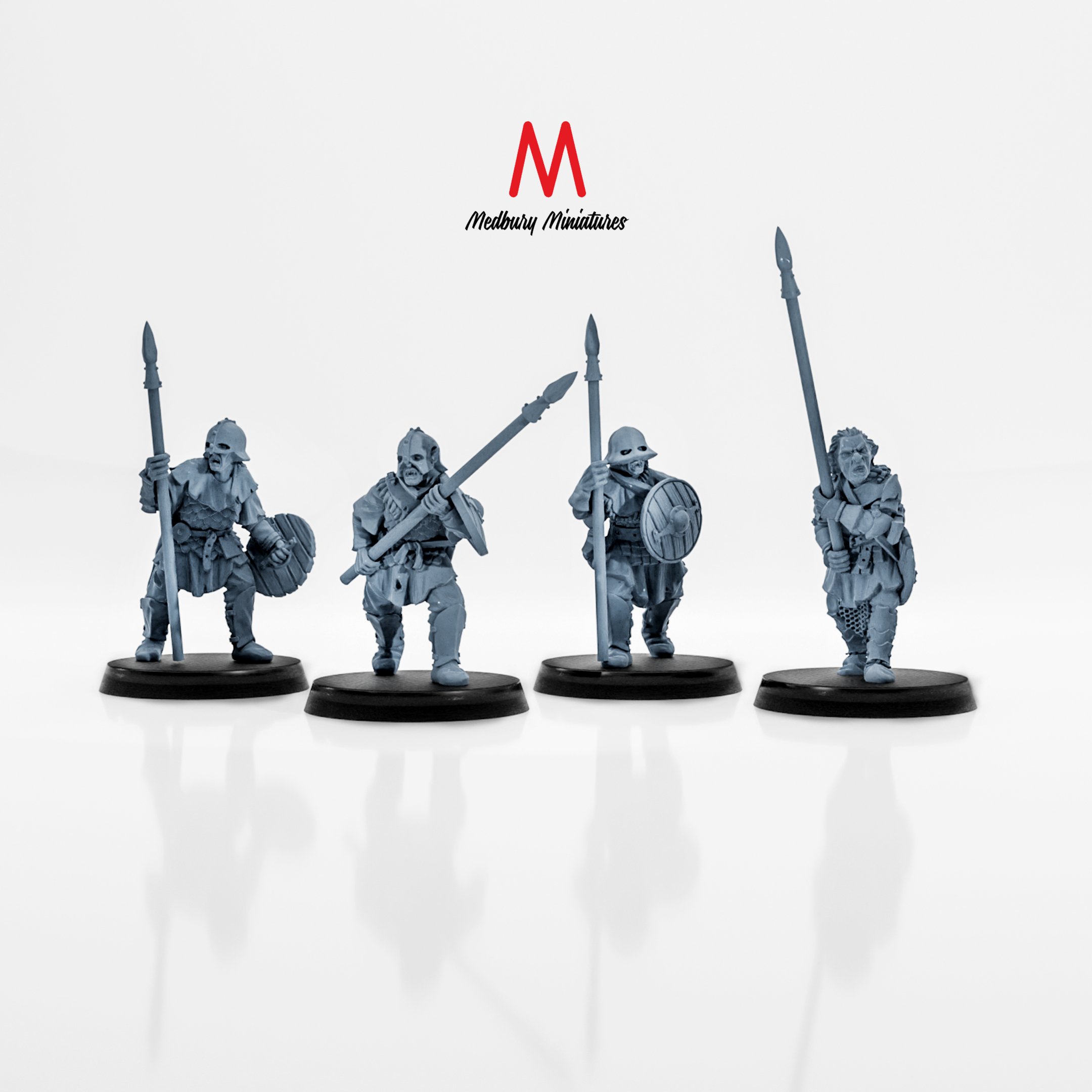Orcs with Spears and Shields fantasy skirmish wargaming miniatures designed by Medbury Miniatures 3D printed by Forgemaster Miniatures
